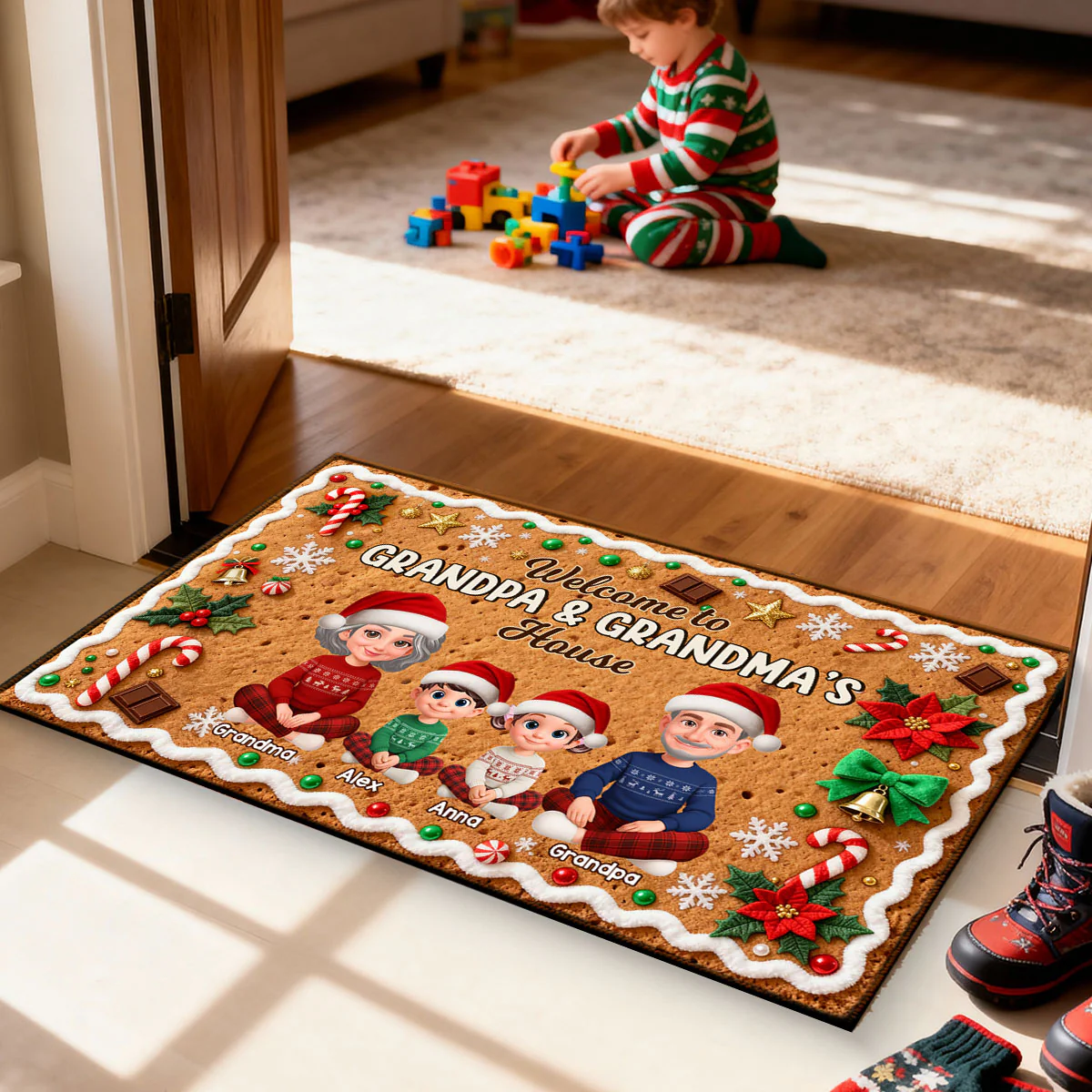 3D Effect Gingerbread Theme Welcome To Grandpa Grandma House Christmas - Personalized Doormat - Image 5