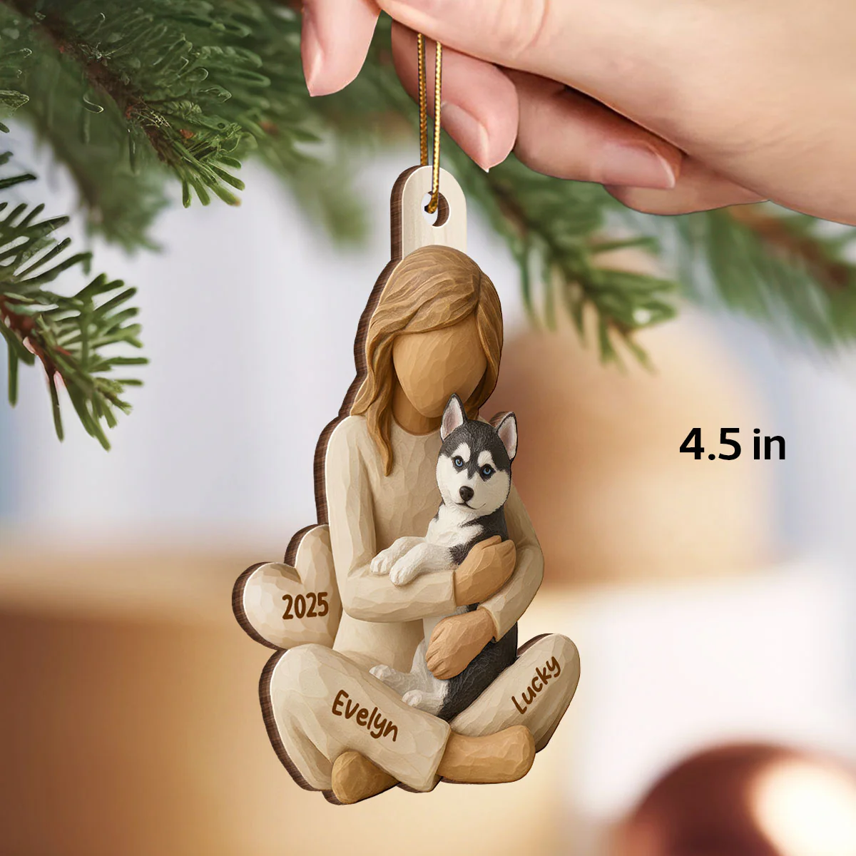 3D Effect Girl & Her Dog - Personalized Wooden Ornament - Gift For Dog Lover - Image 2