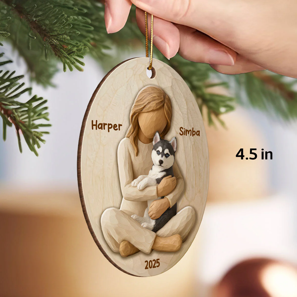 3D Effect Girl & Her Dog - Personalized Wooden Ornament - Gift For Dog Lover - Image 2