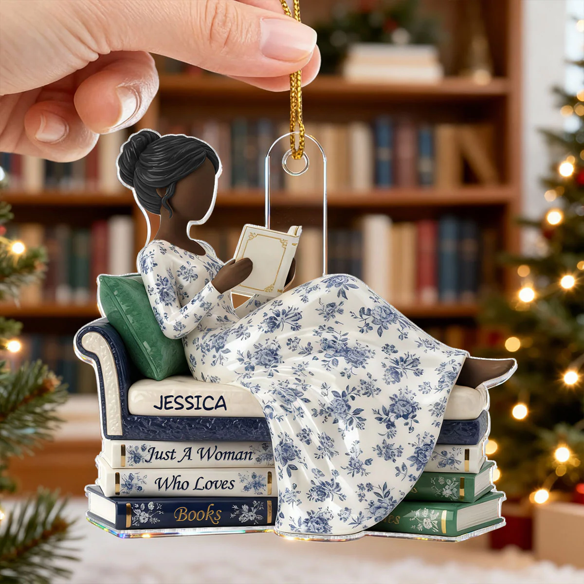 3D Effect Girl Reading Books On Sofa Toile De Jouy Pattern - Personalized Acrylic Ornament - Christmas Gift For Book Lover, Bookworm - Image 10