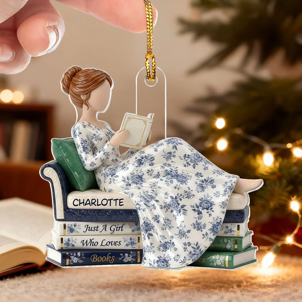 3D Effect Girl Reading Books On Sofa Toile De Jouy Pattern - Personalized Acrylic Ornament - Christmas Gift For Book Lover, Bookworm - Image 11