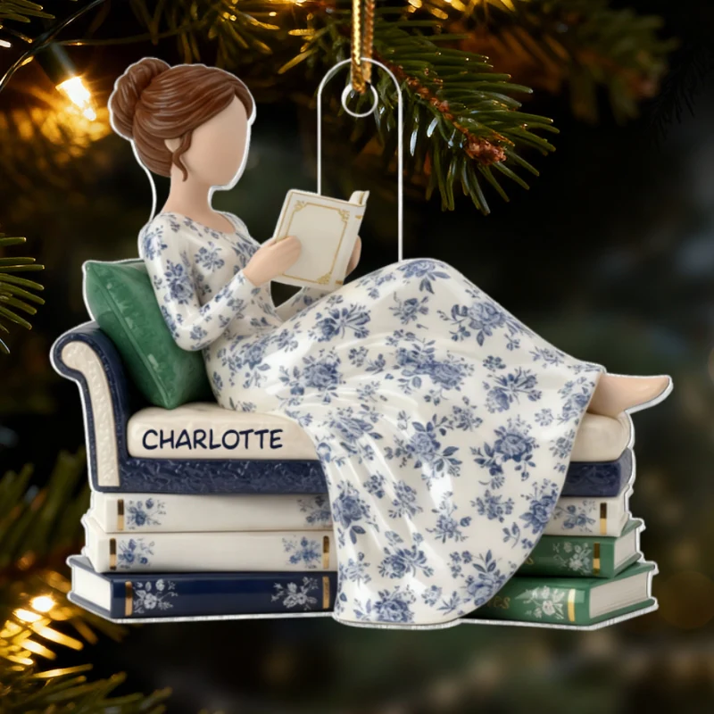 3D Effect Girl Reading Books On Sofa Toile De Jouy Pattern - Personalized Acrylic Ornament - Christmas Gift For Book Lover, Bookworm - Image 12