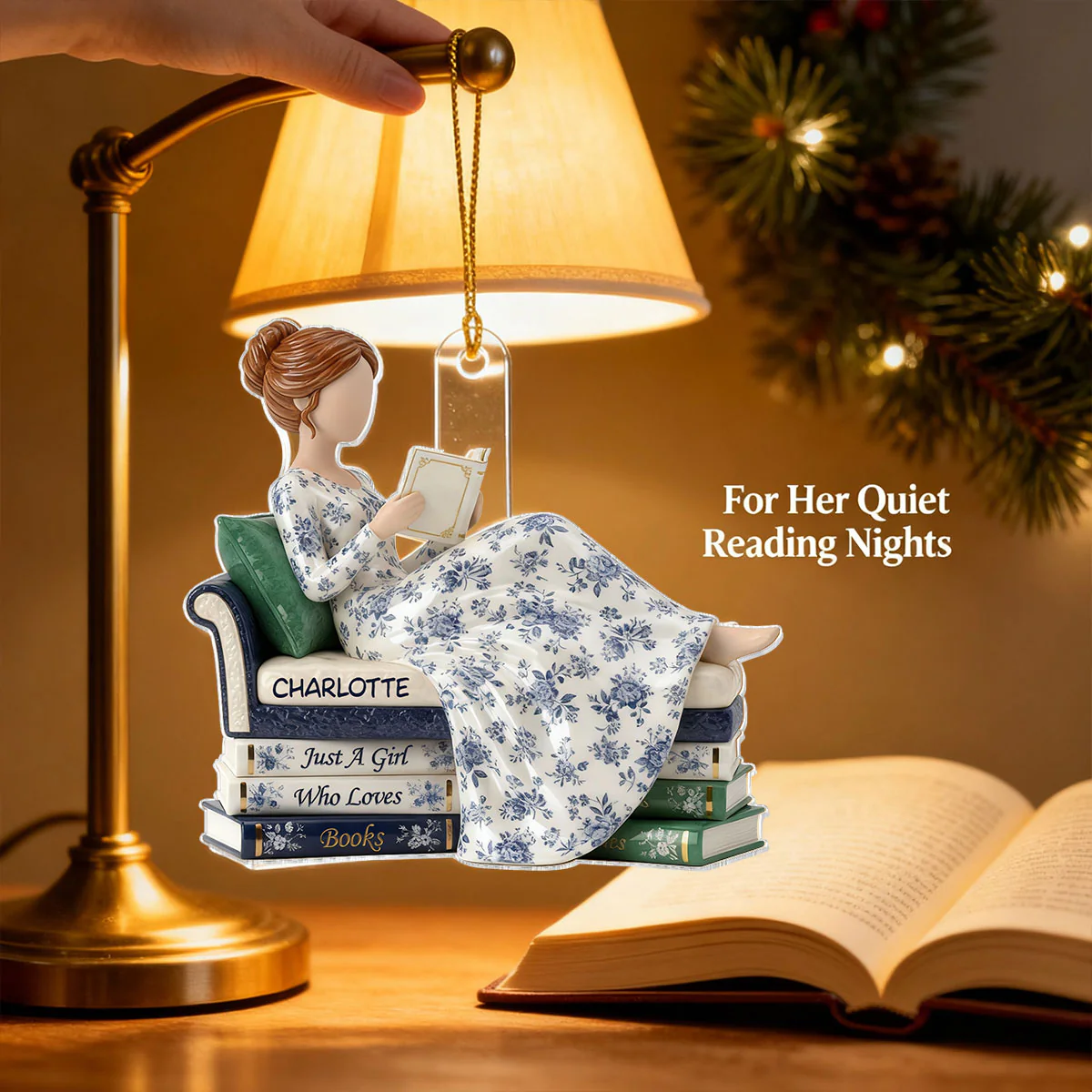 3D Effect Girl Reading Books On Sofa Toile De Jouy Pattern - Personalized Acrylic Ornament - Christmas Gift For Book Lover, Bookworm - Image 2