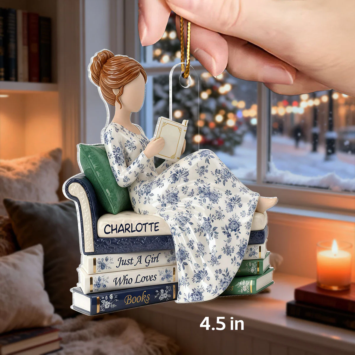 3D Effect Girl Reading Books On Sofa Toile De Jouy Pattern - Personalized Acrylic Ornament - Christmas Gift For Book Lover, Bookworm - Image 3