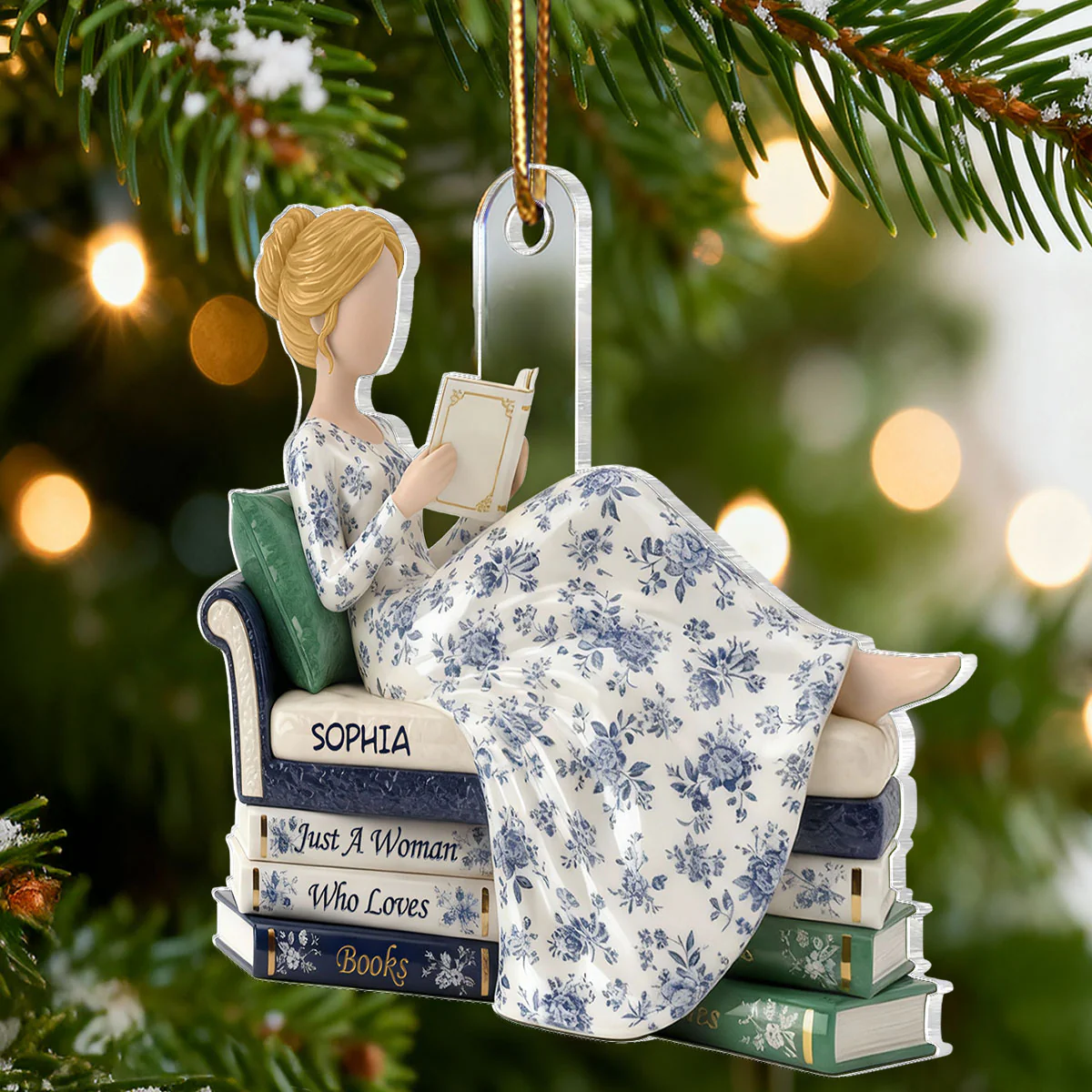 3D Effect Girl Reading Books On Sofa Toile De Jouy Pattern - Personalized Acrylic Ornament - Christmas Gift For Book Lover, Bookworm - Image 6