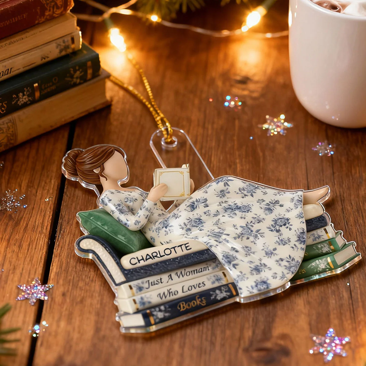 3D Effect Girl Reading Books On Sofa Toile De Jouy Pattern - Personalized Acrylic Ornament - Christmas Gift For Book Lover, Bookworm - Image 7