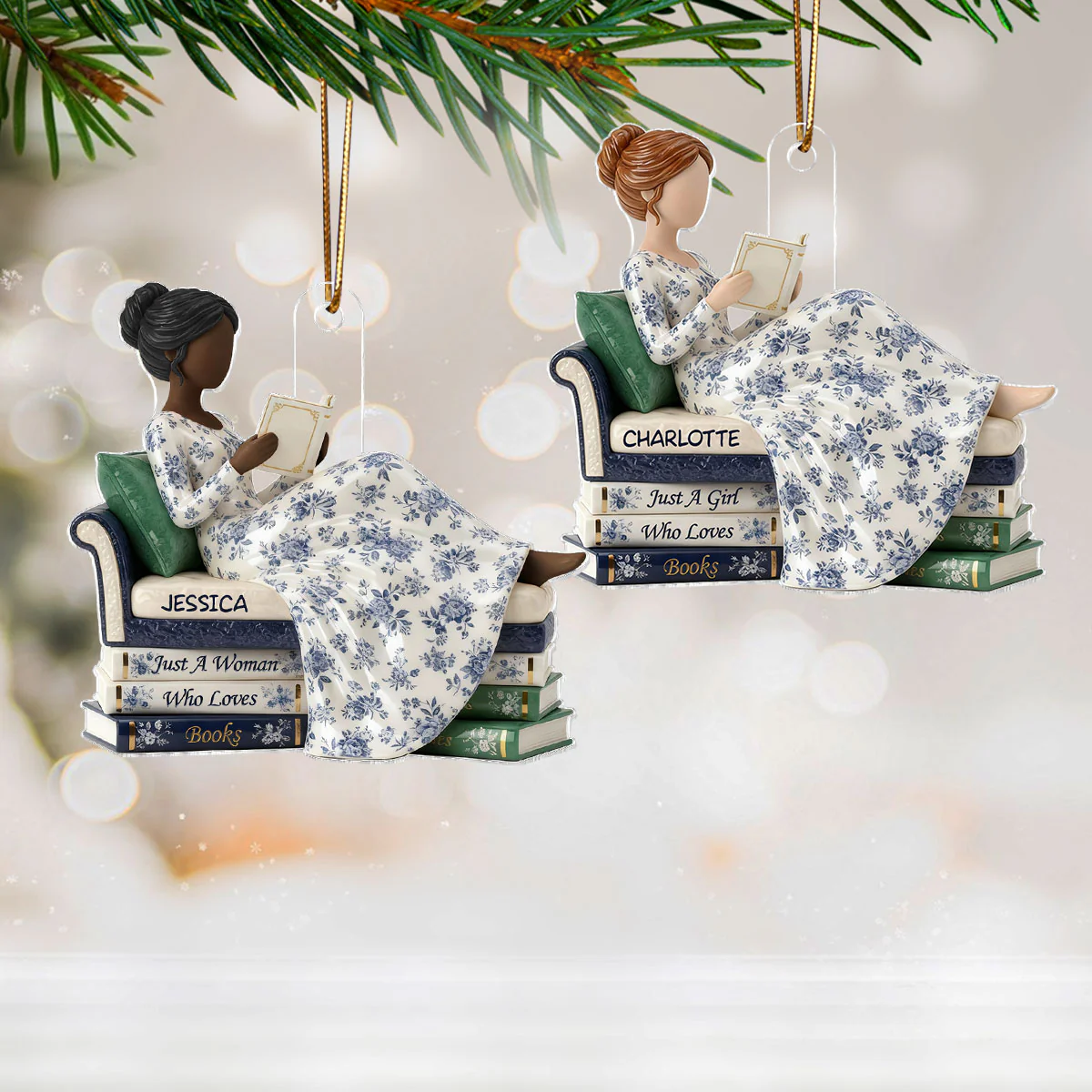 3D Effect Girl Reading Books On Sofa Toile De Jouy Pattern - Personalized Acrylic Ornament - Christmas Gift For Book Lover, Bookworm - Image 8