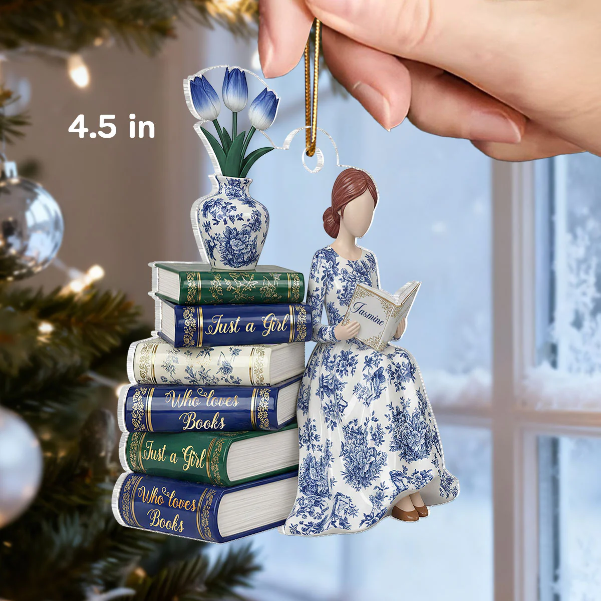 3D Effect Girl Reading Books Toile De Jouy Pattern - Personalized Acrylic Ornament - Christmas Gift For Book Lover, Bookworm - Image 2