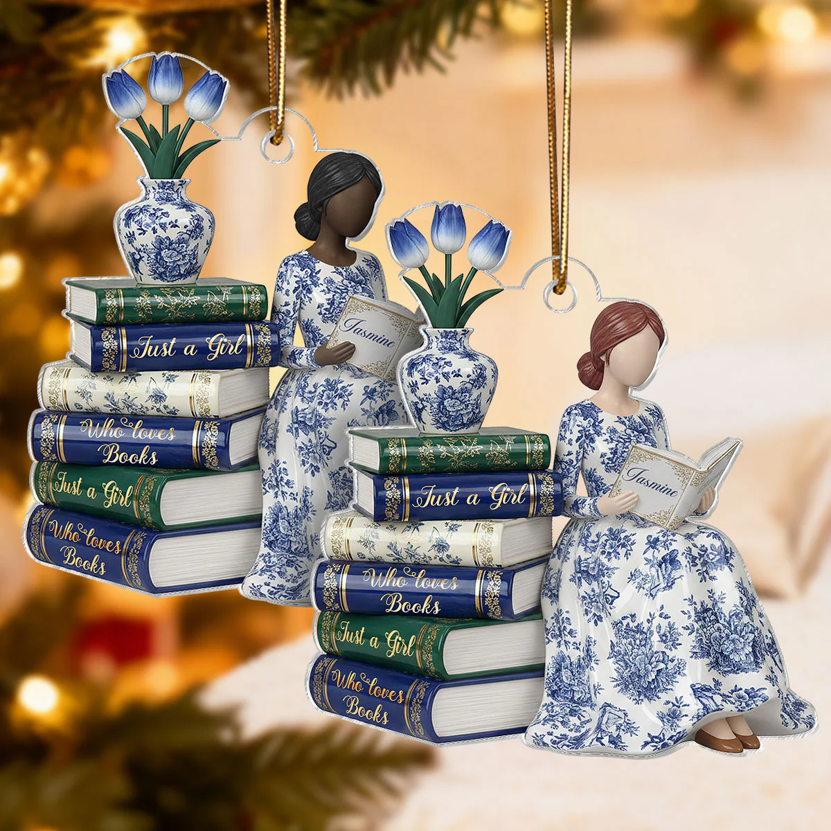 3D Effect Girl Reading Books Toile De Jouy Pattern - Personalized Acrylic Ornament - Christmas Gift For Book Lover, Bookworm - Image 3