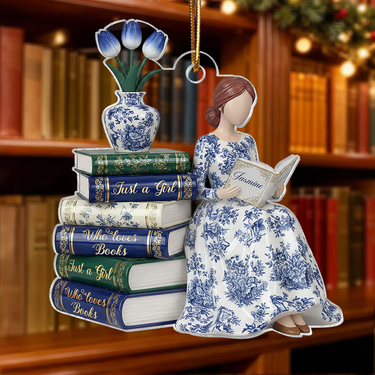 3D Effect Girl Reading Books Toile De Jouy Pattern - Personalized Acrylic Ornament - Christmas Gift For Book Lover, Bookworm - Image 4