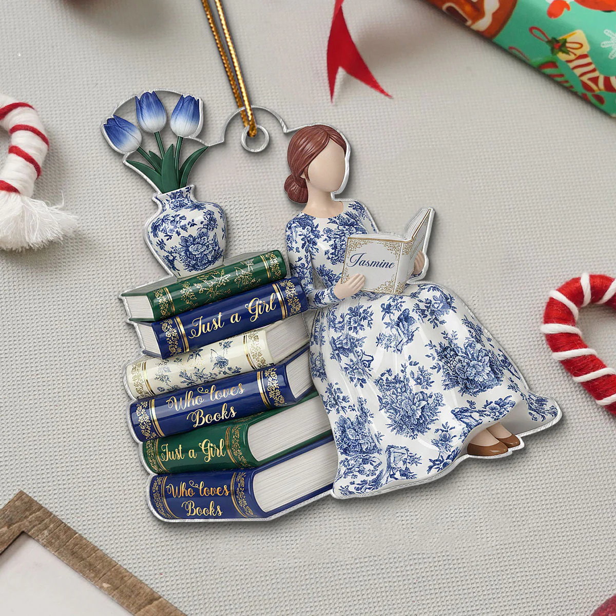 3D Effect Girl Reading Books Toile De Jouy Pattern - Personalized Acrylic Ornament - Christmas Gift For Book Lover, Bookworm - Image 7
