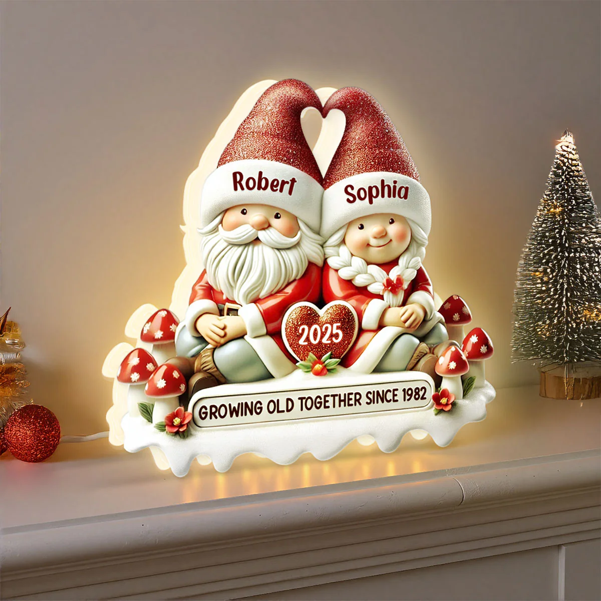 3D Effect Gnome Couple Growing Old Together Christmas - Personalized Light Box - Image 3