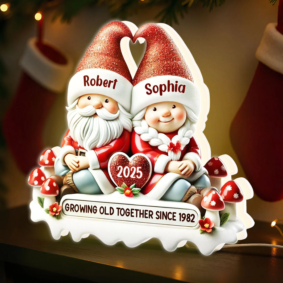 3D Effect Gnome Couple Growing Old Together Christmas - Personalized Light Box - Image 6