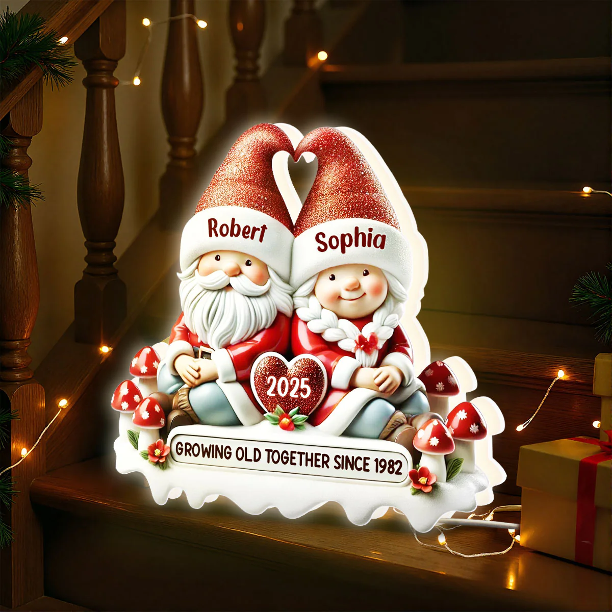 3D Effect Gnome Couple Growing Old Together Christmas - Personalized Light Box - Image 7