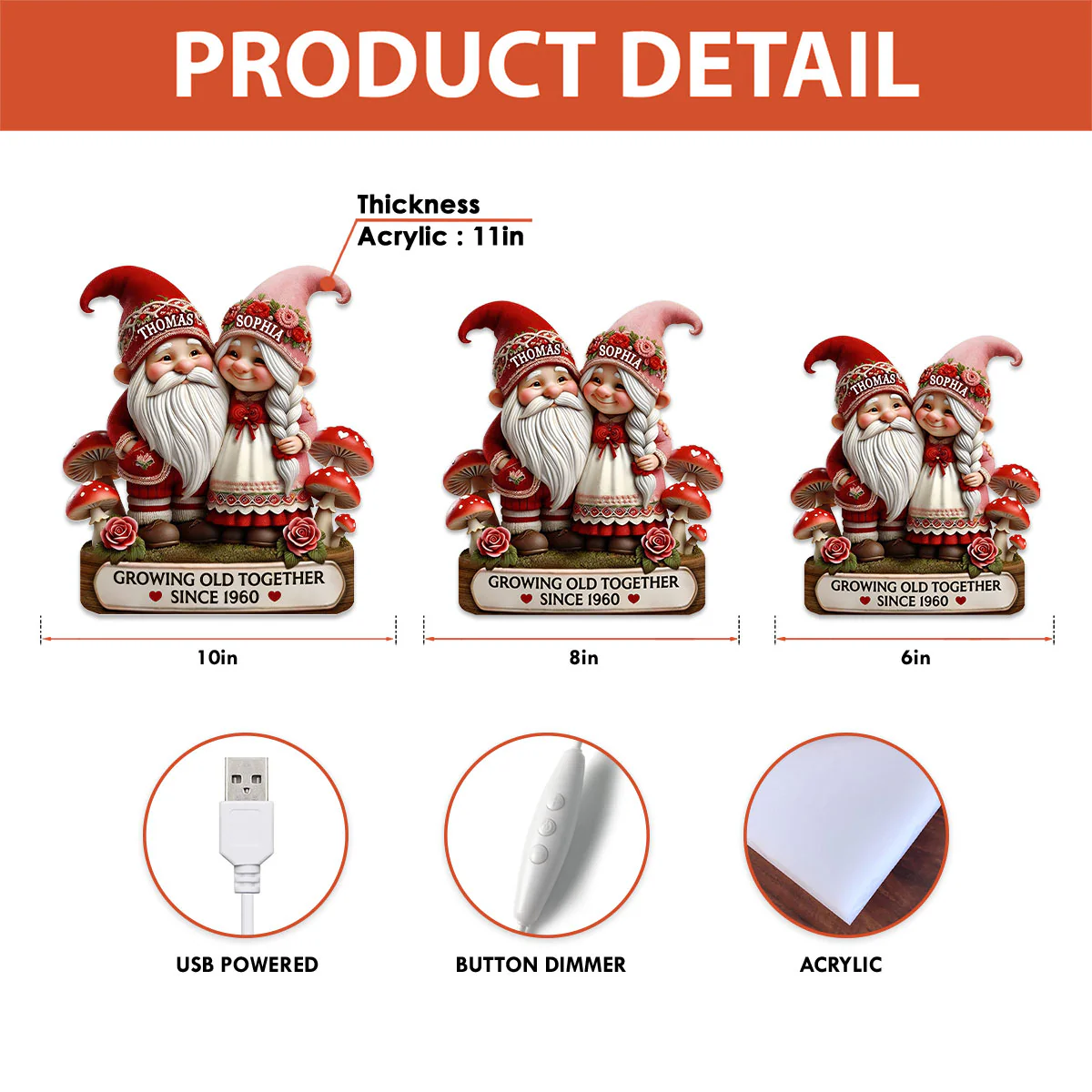 3D Effect Gnome Couple Growing Old Together - Personalized Light Box - Heartfelt Valentine's Day Gift, Anniversary Gift For Couple, For Him, For Her - Image 7