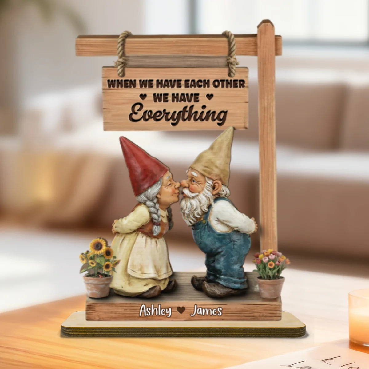 3D Effect Gnome Couple Kissing - Personalized 2-Layered Wooden Plaque - Anniversary, Valentine's Day Gift For Him, Gift For Her - Image 10
