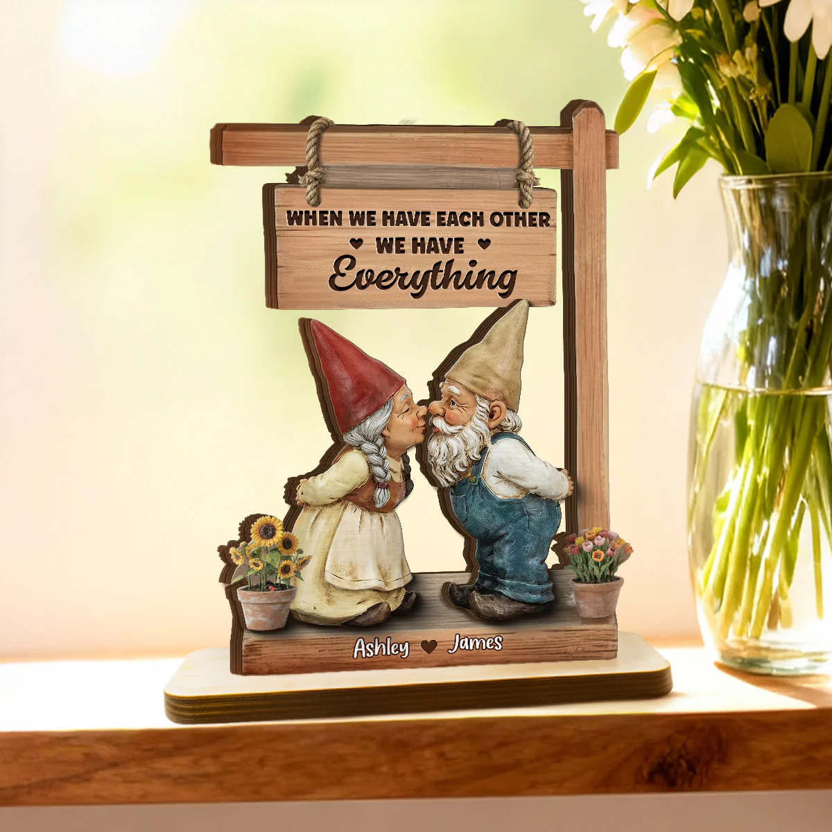3D Effect Gnome Couple Kissing - Personalized 2-Layered Wooden Plaque - Anniversary, Valentine's Day Gift For Him, Gift For Her - Image 2