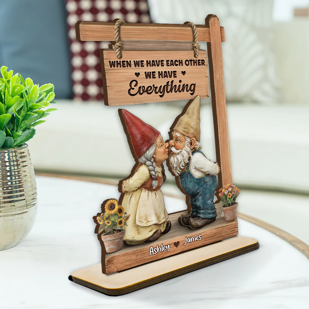 3D Effect Gnome Couple Kissing - Personalized 2-Layered Wooden Plaque - Anniversary, Valentine's Day Gift For Him, Gift For Her - Image 3