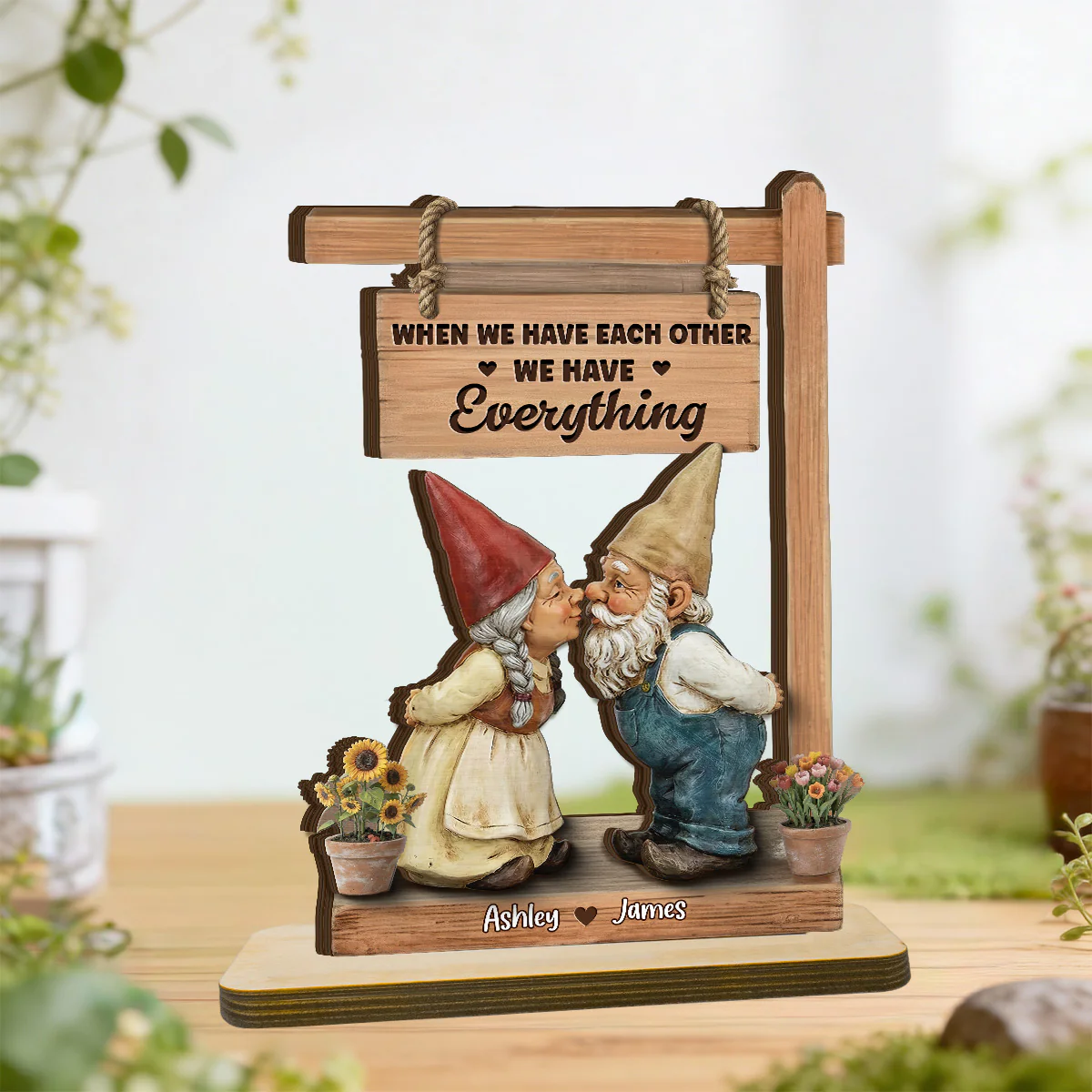 3D Effect Gnome Couple Kissing - Personalized 2-Layered Wooden Plaque - Anniversary, Valentine's Day Gift For Him, Gift For Her - Image 4