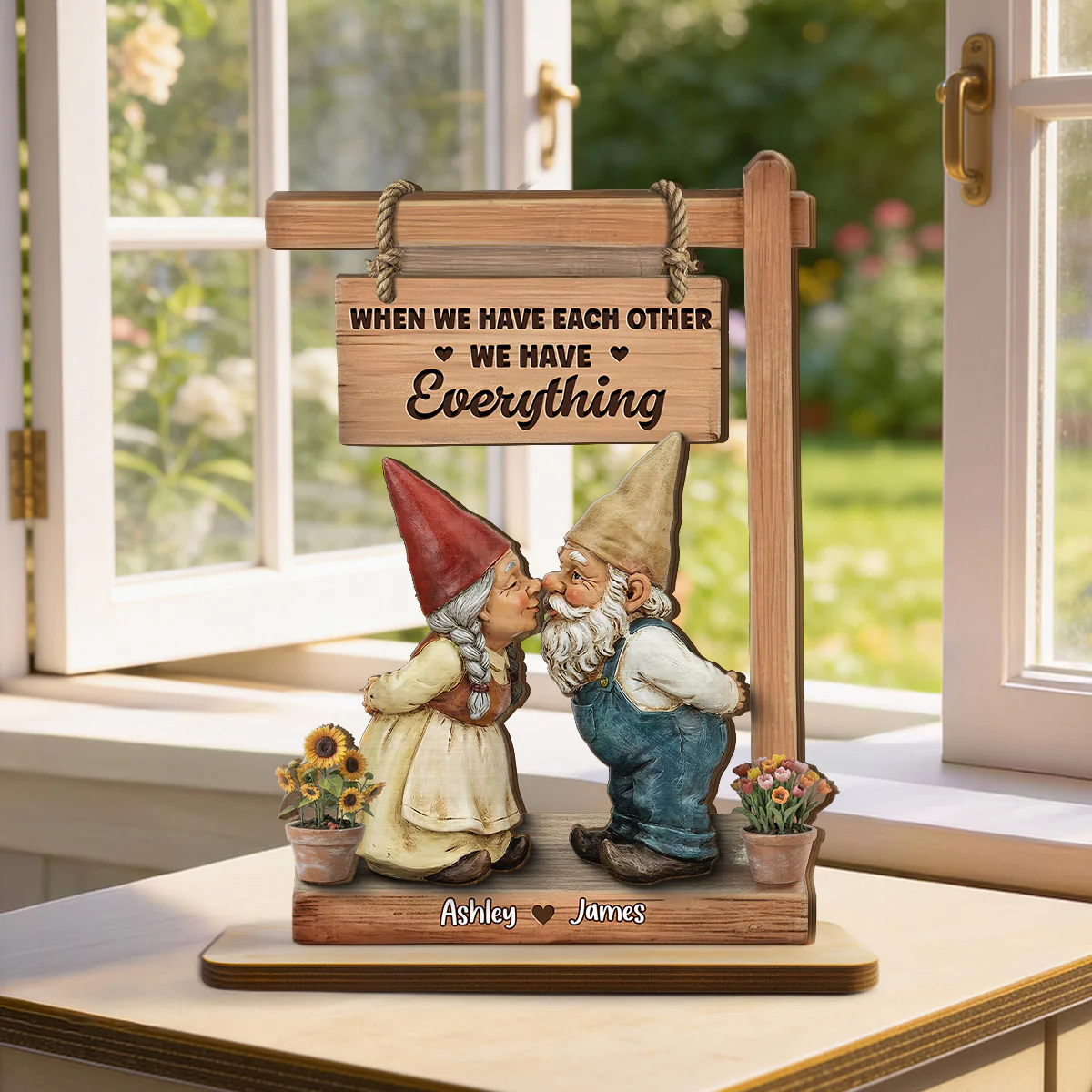 3D Effect Gnome Couple Kissing - Personalized 2-Layered Wooden Plaque - Anniversary, Valentine's Day Gift For Him, Gift For Her - Image 5