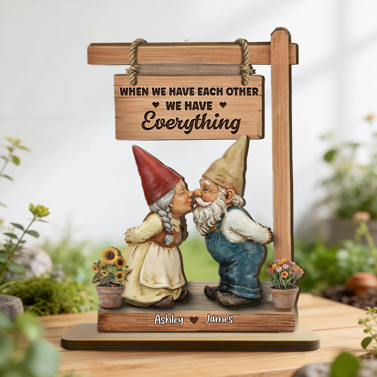3D Effect Gnome Couple Kissing - Personalized 2-Layered Wooden Plaque - Anniversary, Valentine's Day Gift For Him, Gift For Her - Image 6