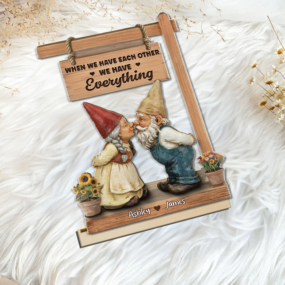 3D Effect Gnome Couple Kissing - Personalized 2-Layered Wooden Plaque - Anniversary, Valentine's Day Gift For Him, Gift For Her - Image 7