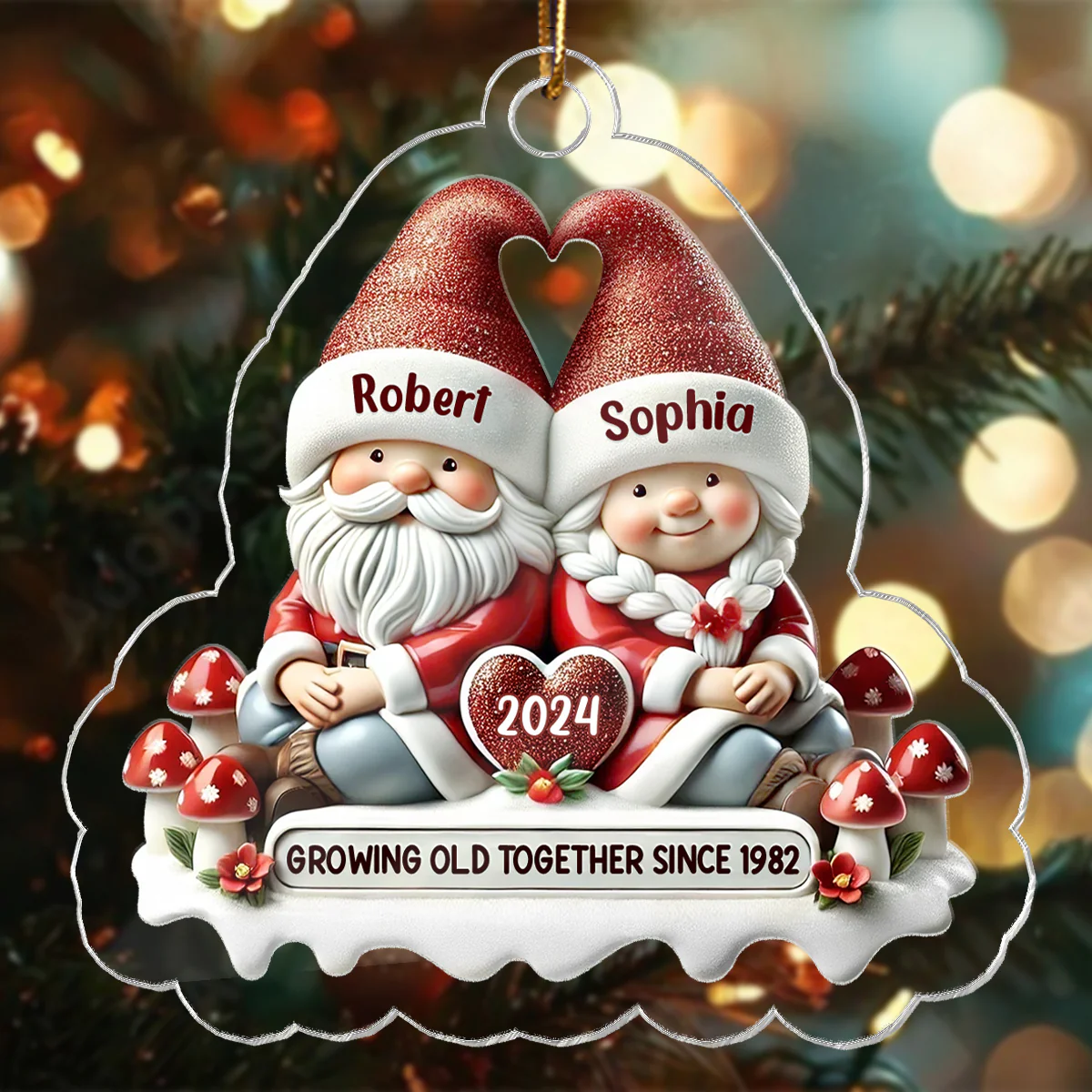 3D Effect Gnome Couple - Personalized Acrylic Ornament - Gift for Him, Gift for Her - Image 3