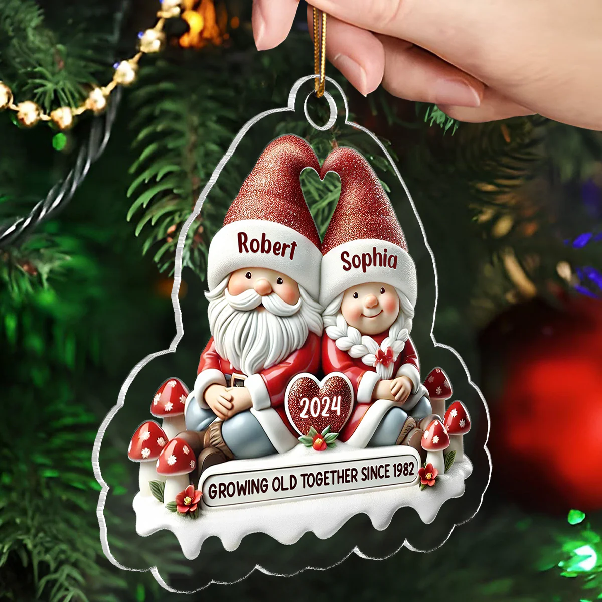3D Effect Gnome Couple - Personalized Acrylic Ornament - Gift for Him, Gift for Her - Image 4