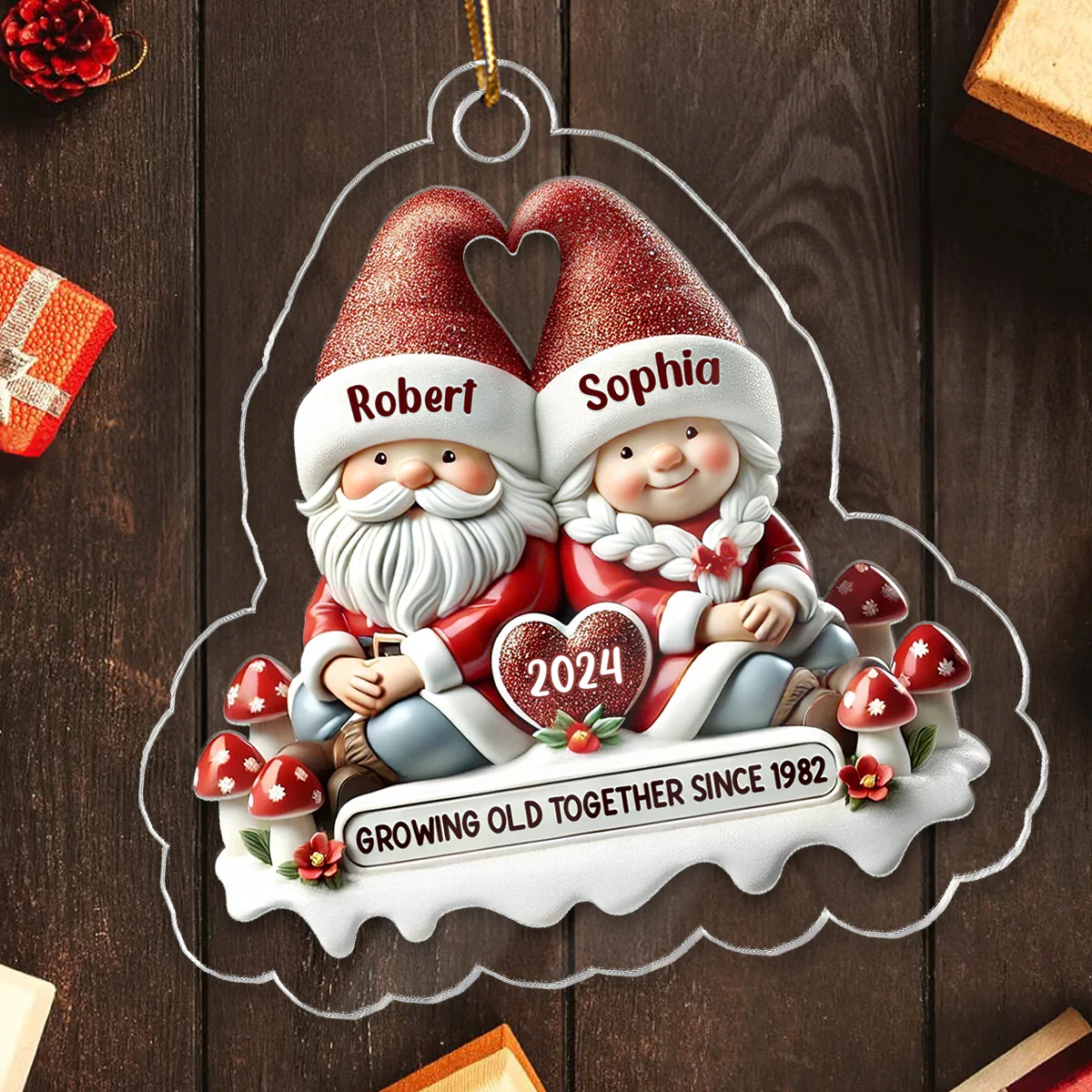 3D Effect Gnome Couple - Personalized Acrylic Ornament - Gift for Him, Gift for Her - Image 5
