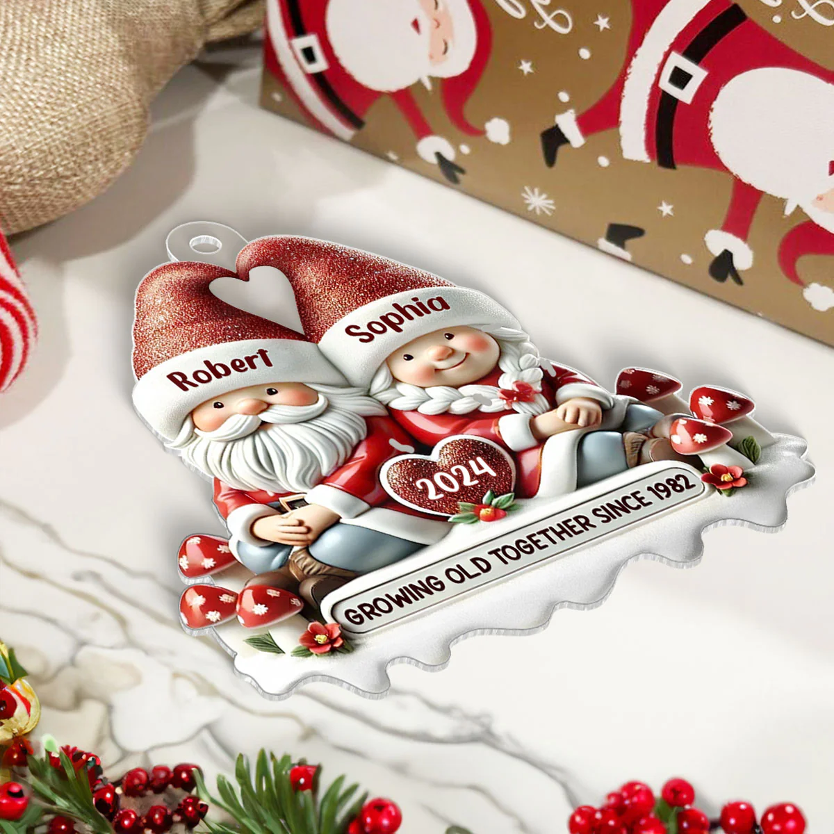 3D Effect Gnome Couple - Personalized Acrylic Ornament - Gift for Him, Gift for Her - Image 5