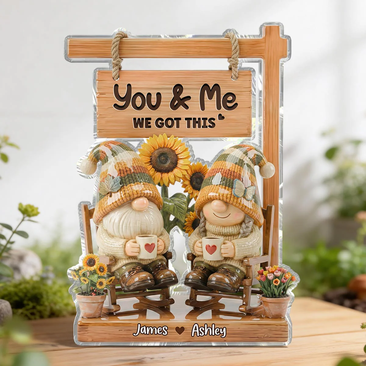 3D Effect Gnome Couple Sitting On Rocking Chair - Personalized Acrylic Block Plaque - Anniversary, Valentine's Day Gift For Him, Gift For Her