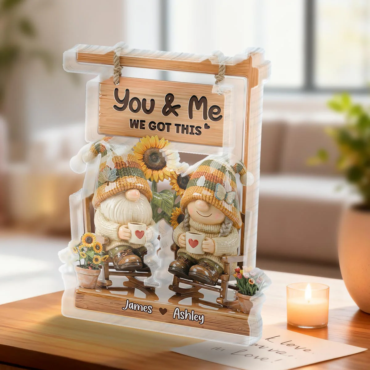 3D Effect Gnome Couple Sitting On Rocking Chair - Personalized Acrylic Block Plaque - Anniversary, Valentine's Day Gift For Him, Gift For Her - Image 2