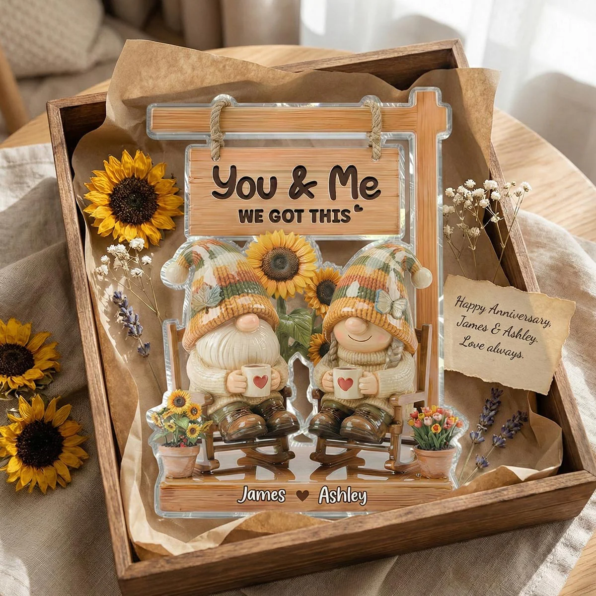 3D Effect Gnome Couple Sitting On Rocking Chair - Personalized Acrylic Block Plaque - Anniversary, Valentine's Day Gift For Him, Gift For Her - Image 3