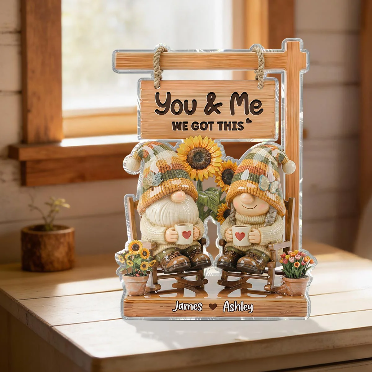 3D Effect Gnome Couple Sitting On Rocking Chair - Personalized Acrylic Block Plaque - Anniversary, Valentine's Day Gift For Him, Gift For Her - Image 4