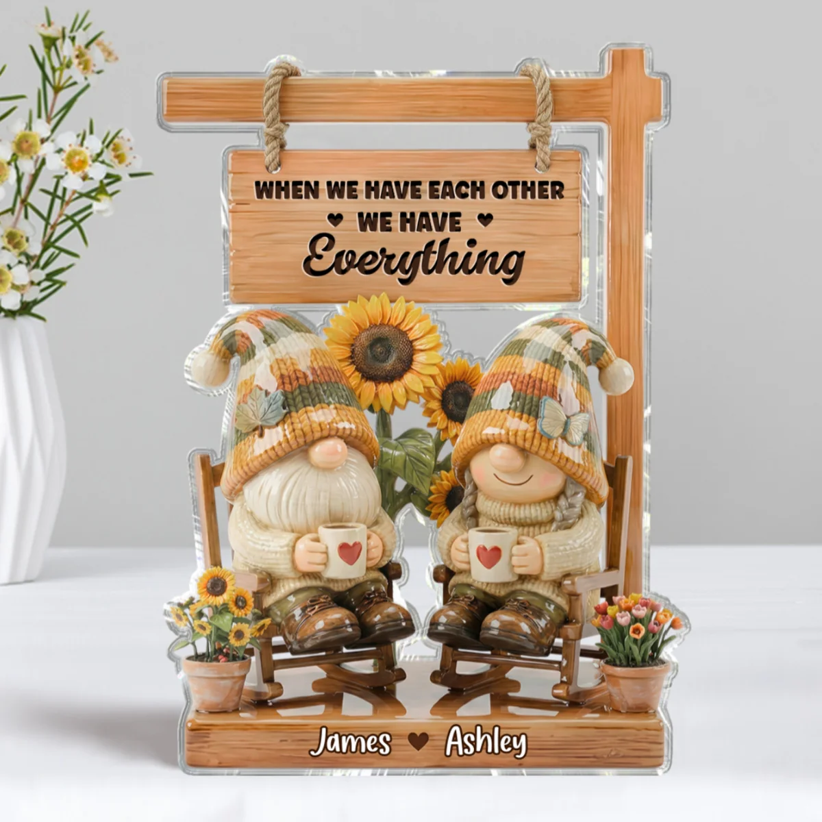 3D Effect Gnome Couple Sitting On Rocking Chair - Personalized Acrylic Block Plaque - Anniversary, Valentine's Day Gift For Him, Gift For Her - Image 7