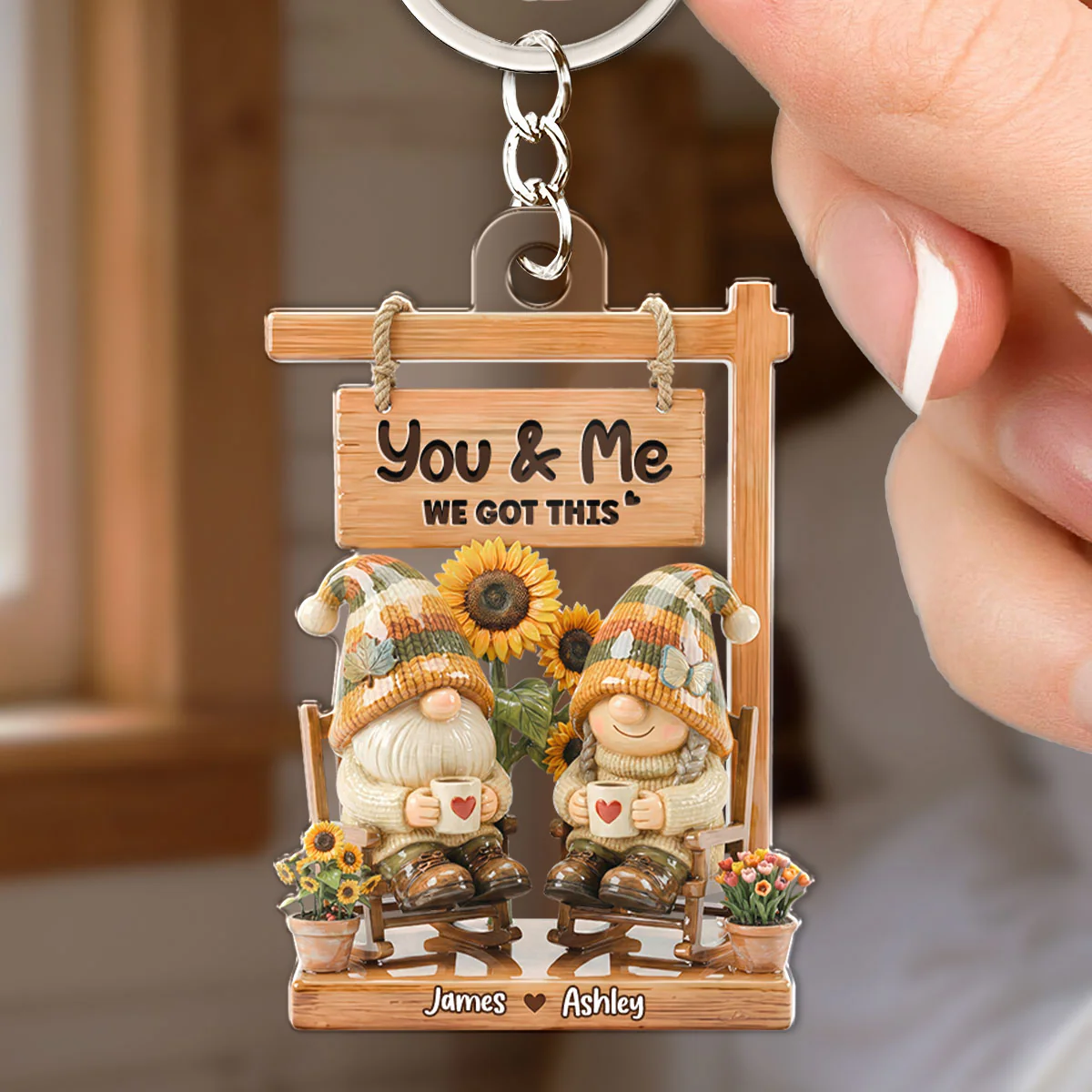 3D Effect Gnome Couple Sitting On Rocking Chair - Personalized Acrylic Keychain - Anniversary, Valentine's Day Gift For Him, Gift For Her - Image 3