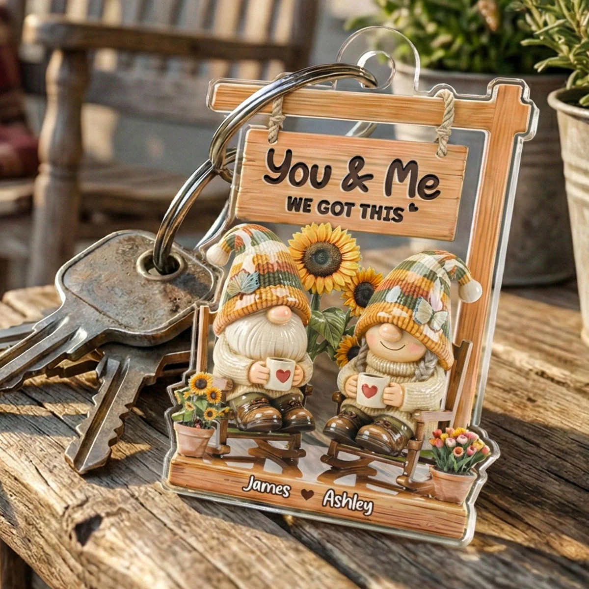 3D Effect Gnome Couple Sitting On Rocking Chair - Personalized Acrylic Keychain - Anniversary, Valentine's Day Gift For Him, Gift For Her - Image 4