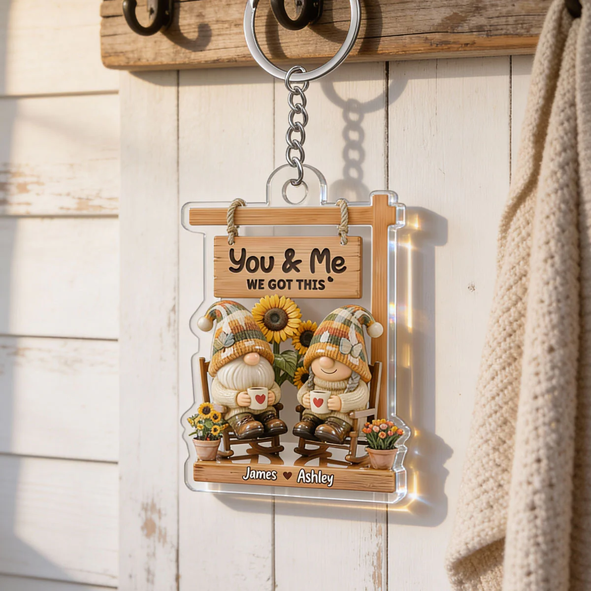 3D Effect Gnome Couple Sitting On Rocking Chair - Personalized Acrylic Keychain - Anniversary, Valentine's Day Gift For Him, Gift For Her - Image 5