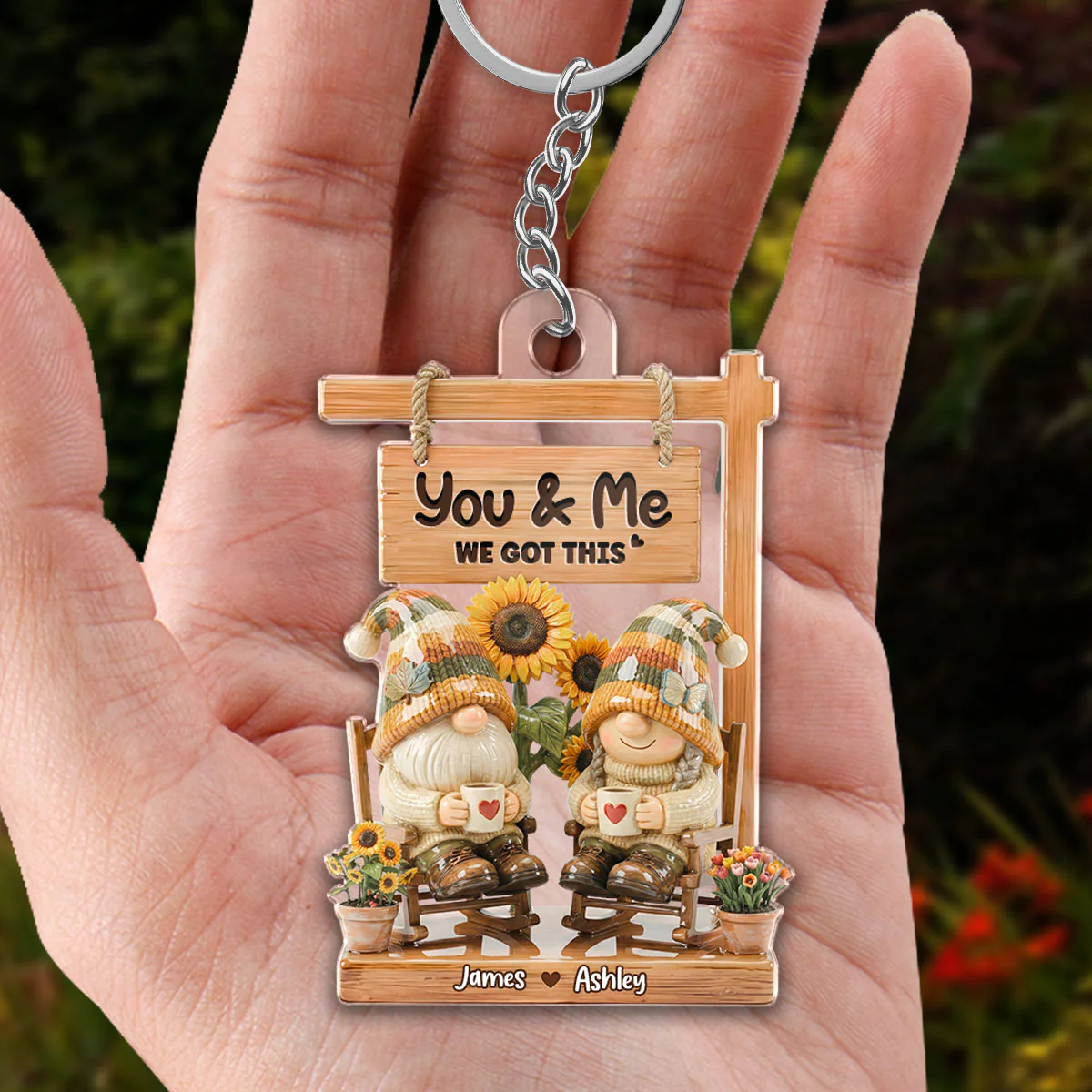 3D Effect Gnome Couple Sitting On Rocking Chair - Personalized Acrylic Keychain - Anniversary, Valentine's Day Gift For Him, Gift For Her - Image 6