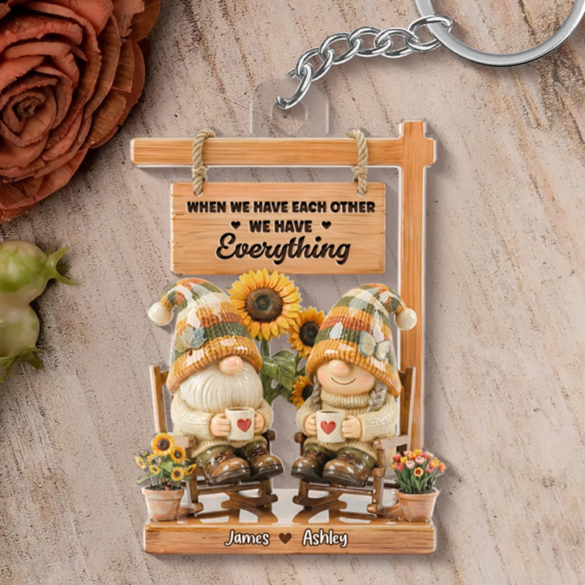 3D Effect Gnome Couple Sitting On Rocking Chair - Personalized Acrylic Keychain - Anniversary, Valentine's Day Gift For Him, Gift For Her - Image 8