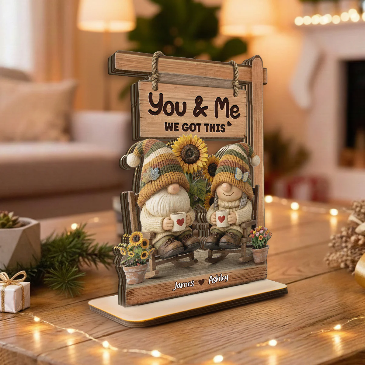 3D Effect Gnome Couple Sitting On Rocking Chair - Personalized 2-Layered Wooden Plaque - Perfect Valentine's Day Gift For Him, Gift For Her - Image 3