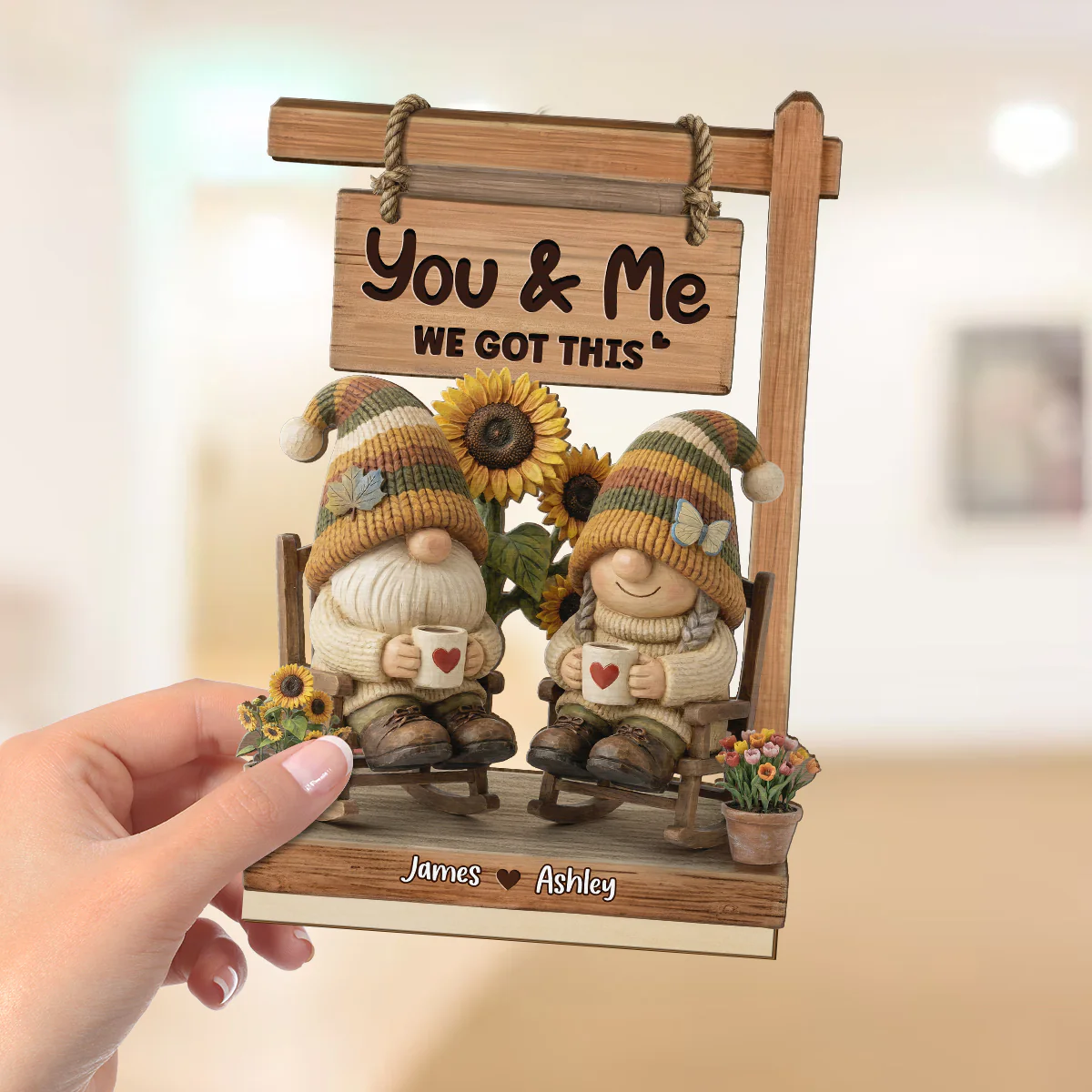 3D Effect Gnome Couple Sitting On Rocking Chair - Personalized 2-Layered Wooden Plaque - Perfect Valentine's Day Gift For Him, Gift For Her - Image 4