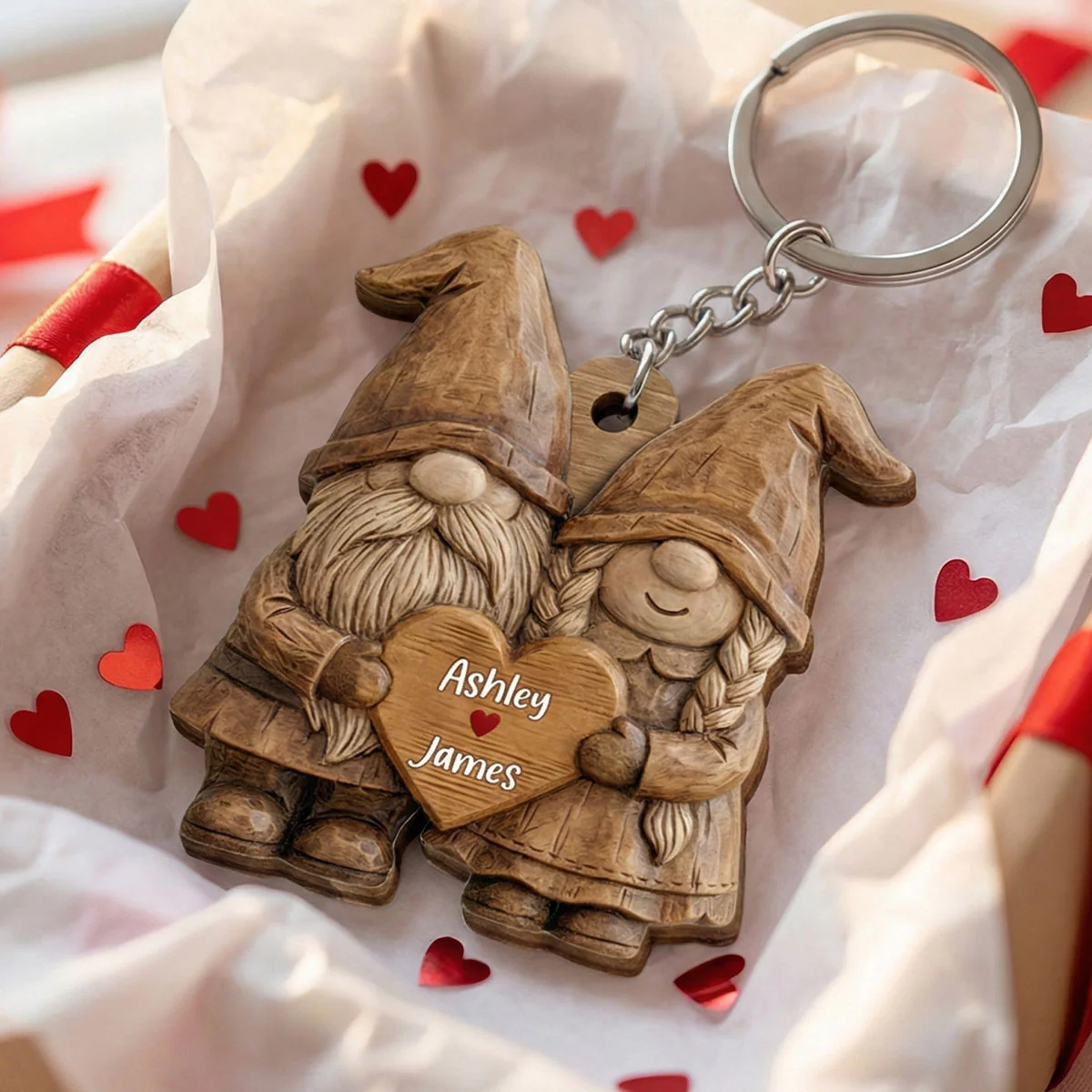 3D Effect Gnome Couple Standing - Personalized Wooden Keychain - Anniversary, Valentine's Day Gift For Him, Gift For Her - Image 3