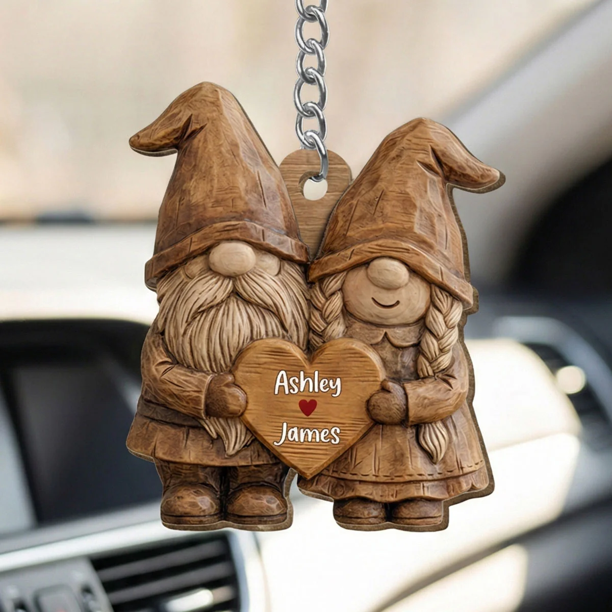 3D Effect Gnome Couple Standing - Personalized Wooden Keychain - Anniversary, Valentine's Day Gift For Him, Gift For Her - Image 5