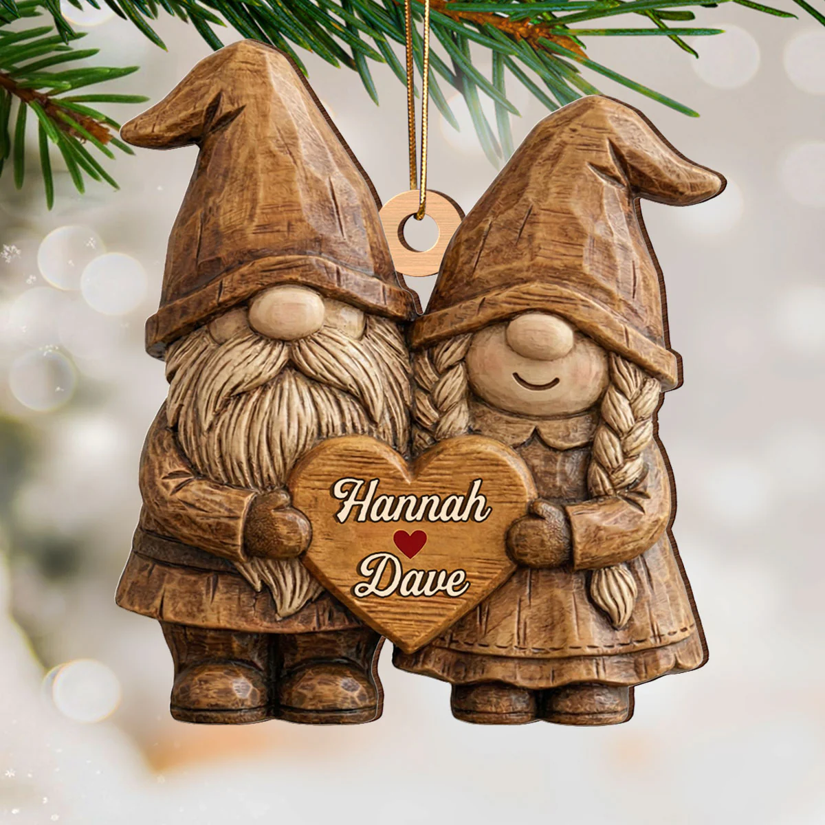 3D Effect Gnome Couple Standing - Personalized Wooden Ornament - Gift For Him, Gift For Her