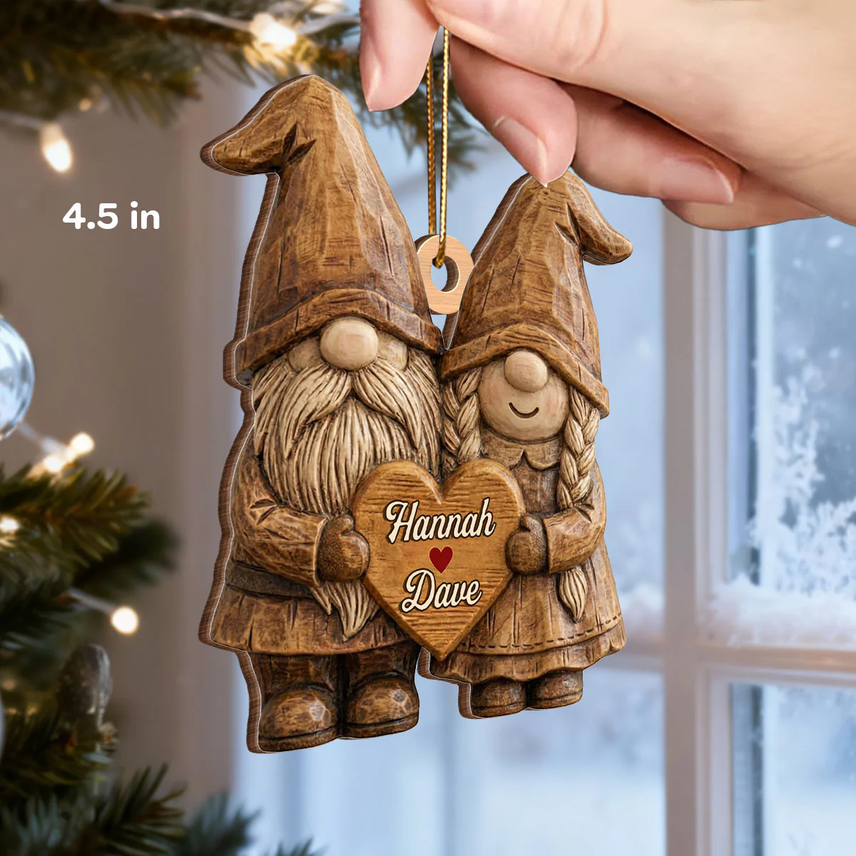 3D Effect Gnome Couple Standing - Personalized Wooden Ornament - Gift For Him, Gift For Her - Image 2