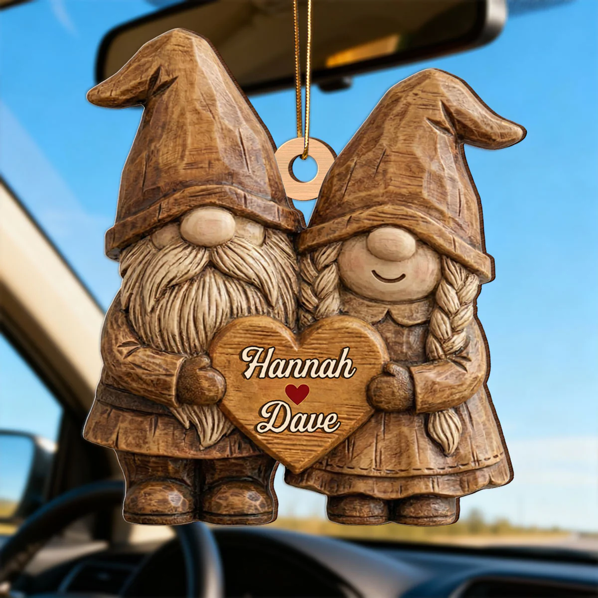 3D Effect Gnome Couple Standing - Personalized Wooden Ornament - Gift For Him, Gift For Her - Image 3