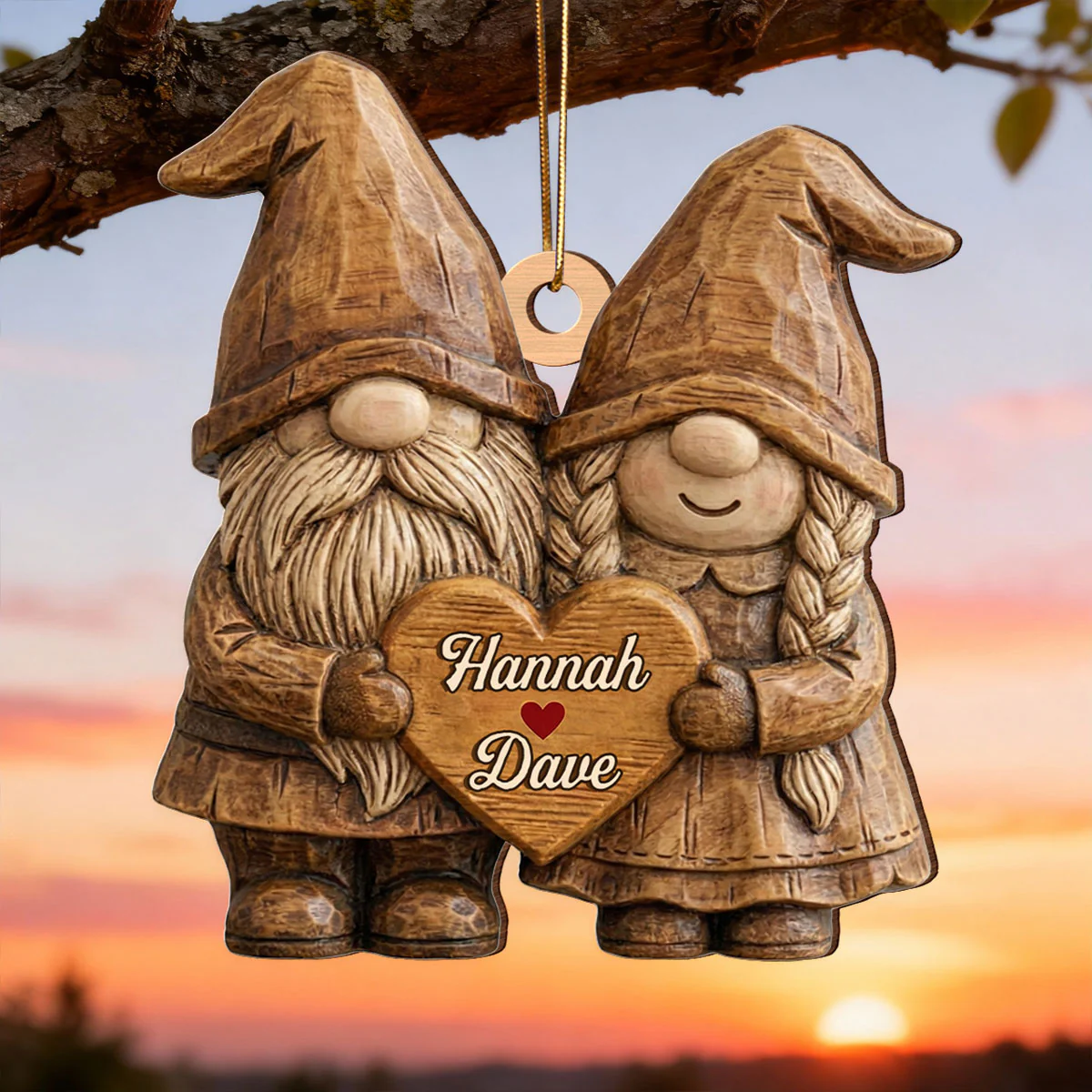 3D Effect Gnome Couple Standing - Personalized Wooden Ornament - Gift For Him, Gift For Her - Image 4