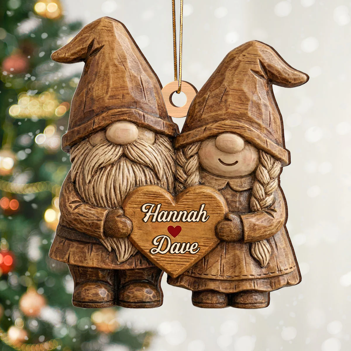 3D Effect Gnome Couple Standing - Personalized Wooden Ornament - Gift For Him, Gift For Her - Image 5