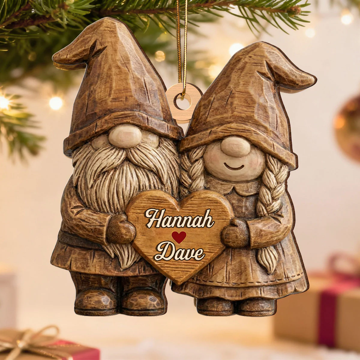 3D Effect Gnome Couple Standing - Personalized Wooden Ornament - Gift For Him, Gift For Her - Image 6